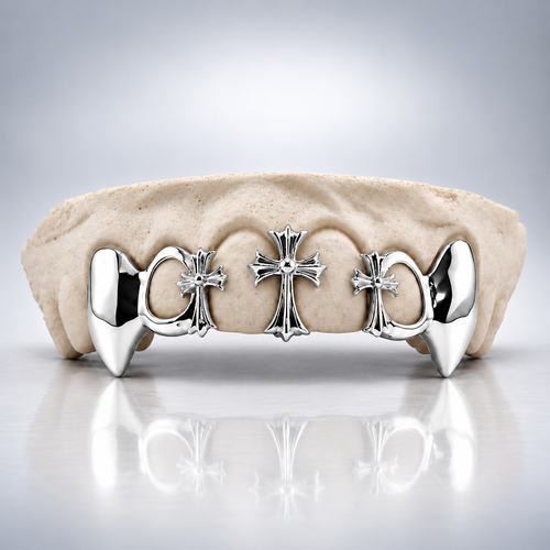 Custom Solid Gothic Cross Vampire Grillz - White Gold