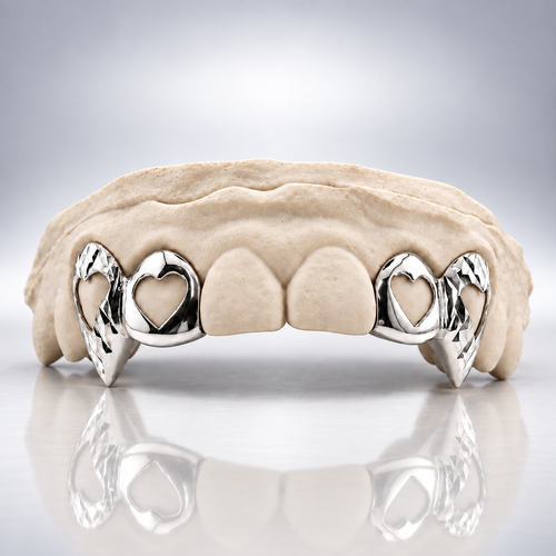 Custom Open Heart Vampire Fang Diamond Cut Grillz - White Gold