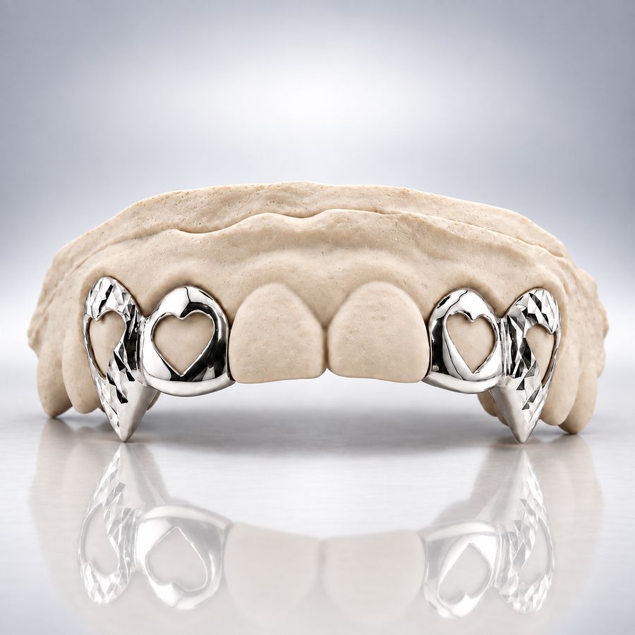 Custom Open Heart Vampire Fang Diamond Cut Grillz