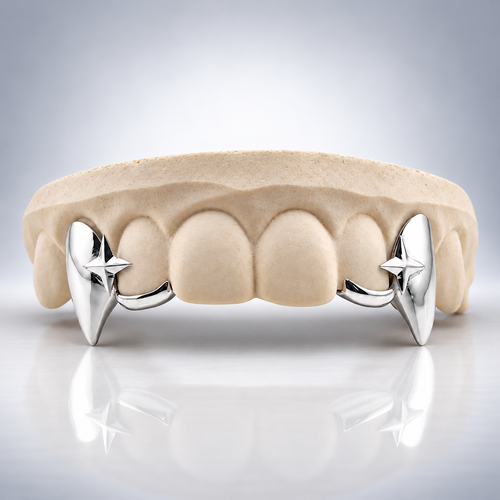 Custom Star Curved Bar Vampire Fang Grillz - White Gold