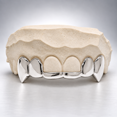 Custom Solid Front Bar Vampire Fang Grillz - White Gold