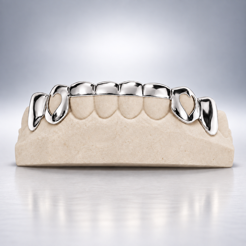 Custom 8PC Front Bar with Open Hearts Grillz - White Gold