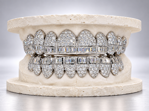 Dual Cut Baguette & Pavé Iced Fang Grillz - White Gold