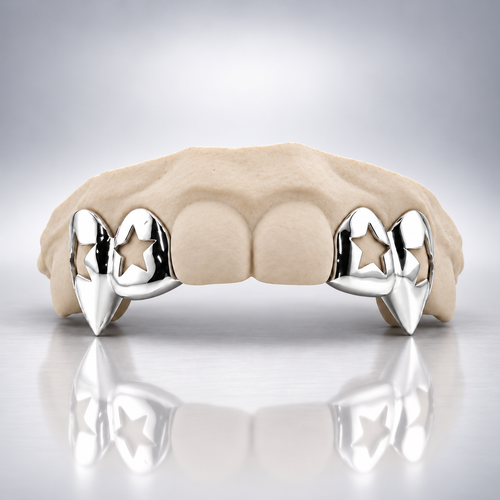 Custom Open Star Vampire Fang Grillz - White Gold