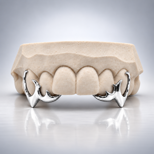 Custom Cyber Fang Vampire Teeth Grillz - White Gold