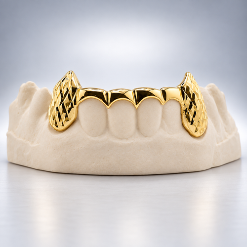 Custom 6PC Curved Front Bar & Cut Fang Grillz - Yellow Gold