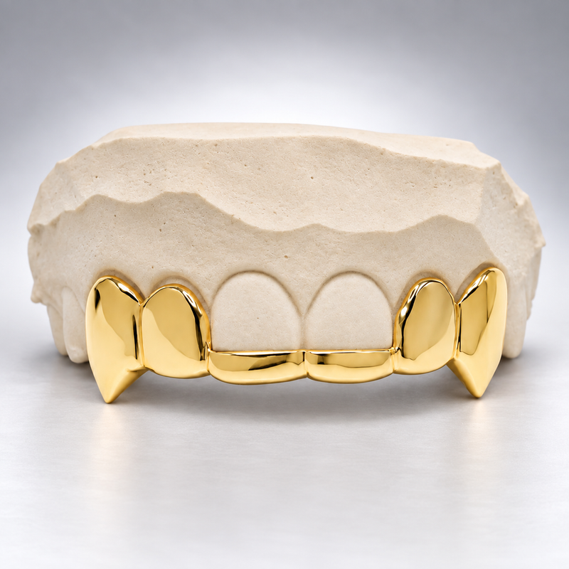Custom Solid Front Bar Vampire Fang Grillz - Yellow Gold