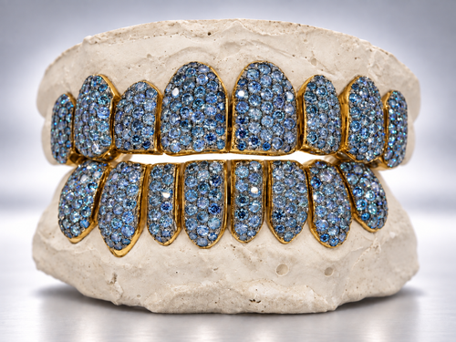 Arctic Blue Full Pavé Moissanite Grillz - Yellow Gold